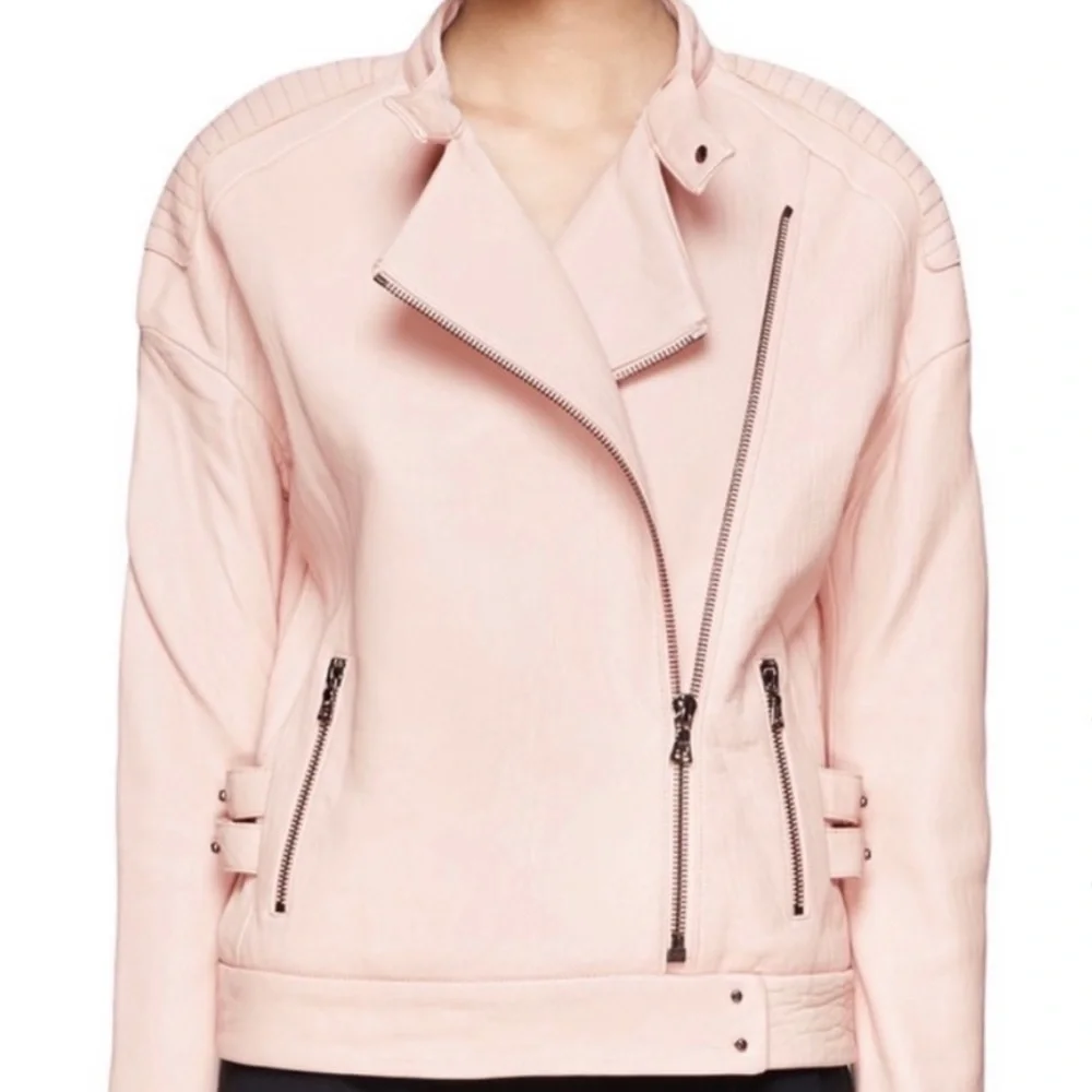 J Brand Lamb Leather Biker Jacket Blush Pink Tea Rose Size XS - Picture 10 of 10